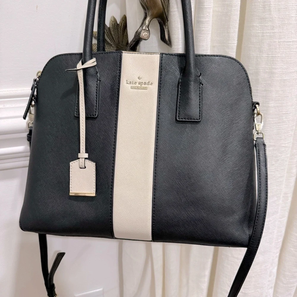 Kate Spade Cameron Street Racing Stripe Margot Crossgrain Leather Black White Pu - Picture 7 of 12